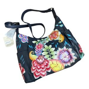 Anuschka Hand‎ Painted Leather Hobo Bag Royal Taj Blue Floral NWT 7412-RTB-MLT